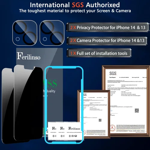 Miniatura 3 de Ferilinso Protector de pantalla de privacidad para iPhone 13 y iPhone 14, paquete de 2 protectores de pantalla de vidrio templado antiespía 9H