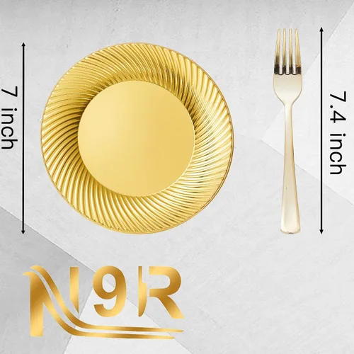 Miniatura 3 de N9R 60 platos de postre de plástico dorado con tenedores y 72 vasos de plástico dorados