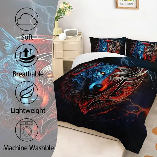 Miniatura 3 de AILONEN Juego de edredón con cabeza de lobo impresa tamaño individual, juego de ropa de cama de lobo para la noche para niños y hombres, juego