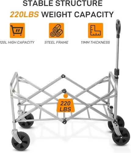 Miniatura 3 de Carro plegable plegable con capacidad de peso de 220 libras, carrito de jardín plegable resistente con ruedas de playa todo terreno y soportes
