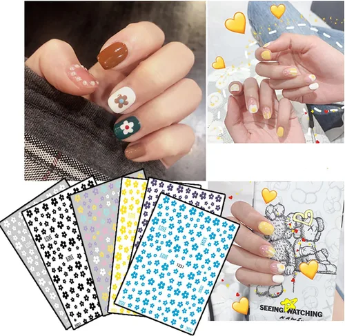 Miniatura 5 de 6 hojas de calcomanías de arte de uñas de flores de verano 3D, calcomanías autoadhesivas para uñas, diseño de arte blanco, amarillo, azul, negro