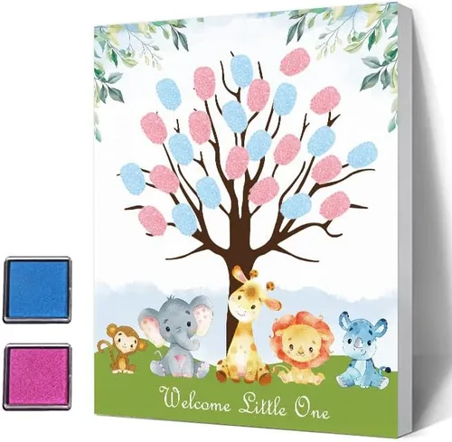 Azbuk Libro de Invitados de Árbol de Huellas Dactilares para Revelación de Género para Baby Shower, Lienzo de Libro de Invitados de Huellas Animales