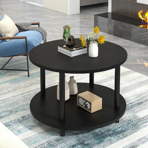 Miniatura 4 de Mesa auxiliar redonda de 23.6 pulgadas, mesa auxiliar circular pequeña de 2 niveles con almacenamiento, mesa central moderna con marco de metal