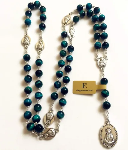 Miniatura 5 de elegantmedical Hecho a mano Rara Pavo Real BuleTiger Eye Jade Cuentas Siete 7 PELÍCULAS MARÍA MEDALLA Rosario Collar Regalos Católicos, Vidrio