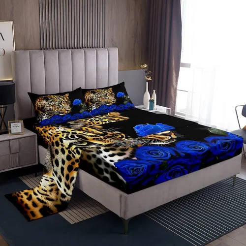 Miniatura 22 de Erosebridal Sábanas de cama de guepardo con rosa roja, juego de sábanas de bolsillo profundo con estampado de leopardo y gato, sábana bajera
