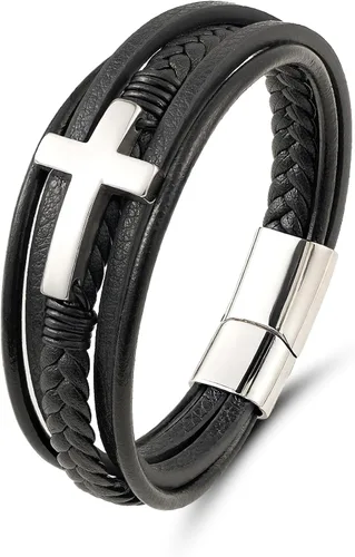 Miniatura 13 de Pulsera de cuero para hombre con cruz trenzada de varias capas con cierre de acero inoxidable, regalos religiosos cristianos para él