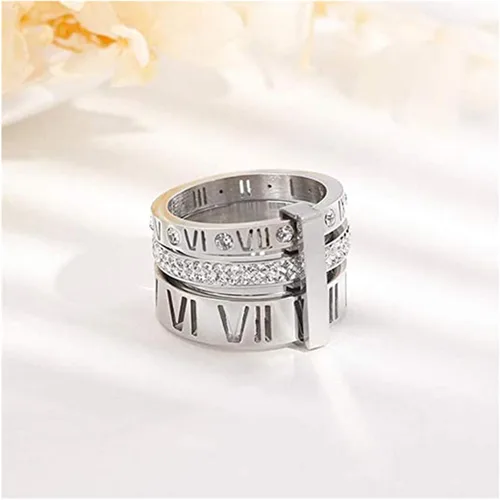 Miniatura 5 de Anillo Pamtier 3 en 1, de acero inoxidable y zirconia, con números romanos, para mujer