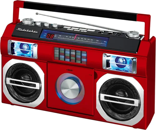 Studebaker SB2145R Boombox Bluetooth de calle retro de los 80 con radio FM, reproductor de CD, LED EQ, 10 Watts RMS de potencia y AC/DC en rojo