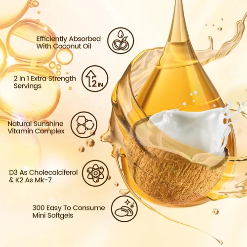 Miniatura 2 de Vitamina D3 K2 10000 UI con MK7 - 300 Cápsulas blandas de aceite de coco virgen Complejo de vitaminas D y K 2 en 1 Vitamina D3 con K2 Respalda