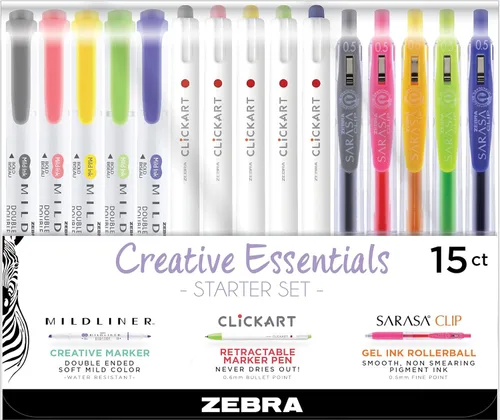 Zebra Pen Creative Essentials - Juego de iniciación, incluye 5 resaltadores, 5 marcadores y 5 bolígrafos de gel retráctiles Sarasa Clip, colores de