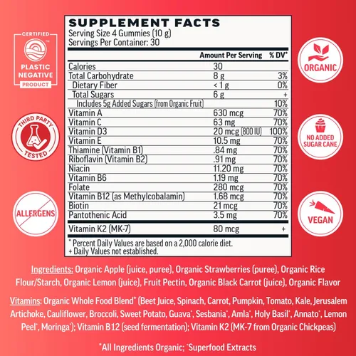 Miniatura 2 de Llama Naturals Multivitamínico para mujeres y hombres, gomitas veganas y orgánicas con vitamina D, C y K, vitaminas masticables de fruta real