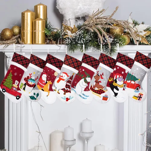 Miniatura 11 de LUBOT Juego de 4 medias de Navidad grandes para la familia, 20 pulgadas, silueta de búfalo rojo a cuadros para colgar en la chimenea, decoración