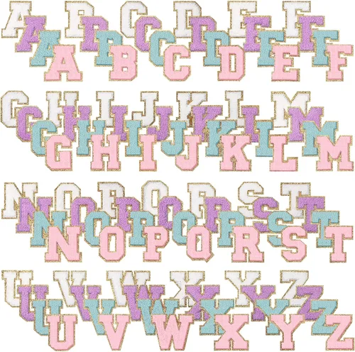 Miniatura 11 de 104 parches de letras termo-adhesivas de felpilla de la A-Z, parches de reparación del alfabeto, parches de letras bordadas para coser con borde Rosa