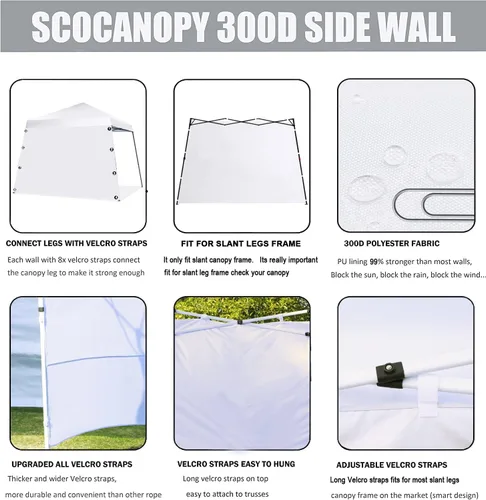 Miniatura 3 de SCOCANOPY SideWall para marco de toldo de pierna inclinada de 10 x 10 pies, paquete de 3 unidades solo SunWall (blanco)