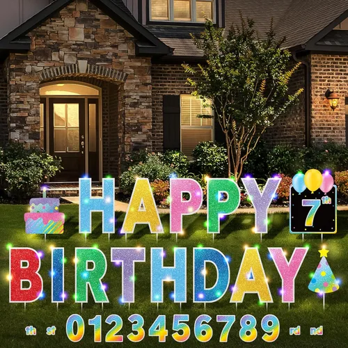 Miniatura 15 de Yerliker 16 piezas de carteles de feliz cumpleaños para patio con estacas, luces LED de 32.8 pies, 42 piezas de adhesivos numéricos, carteles