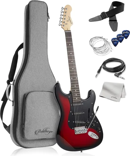 Ashthorpe - Guitarra eléctrica de 39 pulgadas (rojo-negro), kit de guitarra de tamaño completo con estuche acolchado, barra de trémolo, correa,