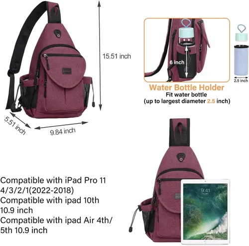 Miniatura 2 de MOSISO Mochila tipo bandolera, mochila de lona para senderismo con bolsillo antirrobo Rojo vino