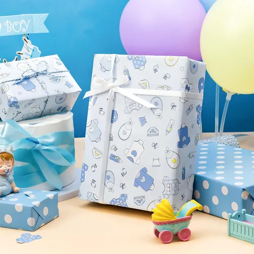 Miniatura 4 de MAYPLUSS Rollo de Papel de Regalo para Recién Nacido - 17 Pulgadas x 4.76 Metros - Lindo Diseño de Snapsuit y Botellas de Bebé Azul para Niño