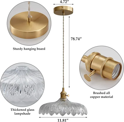 Miniatura 7 de Luces colgantes, lámpara colgante ajustable de 11.8 pulgadas, lámpara colgante de cable de 6.5 pies, pantalla de vidrio transparente, lámpara