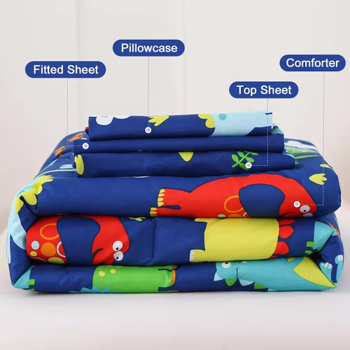 Miniatura 4 de Juegos de ropa de cama para niños pequeños para niños, juego de edredón Premium de 4 piezas de dinosaurio para niños pequeños, cama azul en una