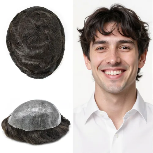 Miniatura 12 de Toupee para hombres de piel fina inyección de PU unidad de peluca para hombre, pieza de cabello humano natural real, sistema de repuesto