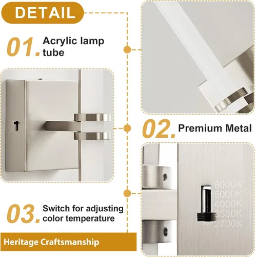 Miniatura 6 de Lámparas de baño, níquel cepillado de 18 W, LED de 360 °, iluminación completa, moderna aplique de pared lámpara de tocador con 5