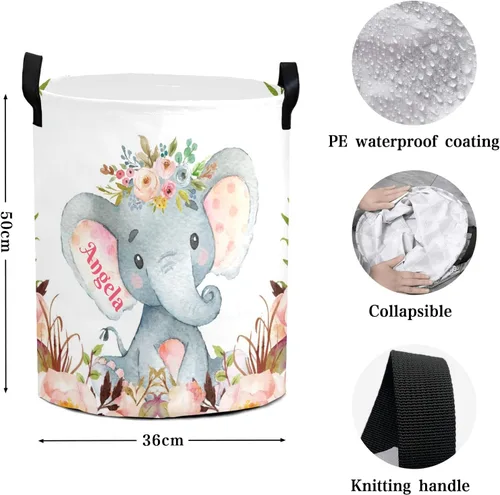 Miniatura 5 de Cestas de lavandería personalizadas con diseño de elefante y flores rosas con nombre, cestas de almacenamiento plegables con asas para playa y Multi