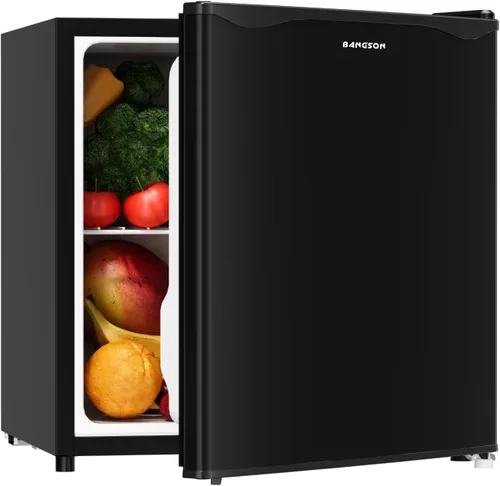 BANGSON Mini refrigerador de 1.6 pies cúbicos con congelador para dormitorio, refrigerador compacto para oficina, refrigerador pequeño de ahorro de