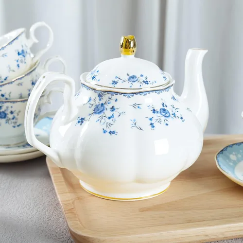 Miniatura 3 de fanquare Juego de té de porcelana de rosa azul, tetera floral británica con tazas de té, juego de fiesta de té para mujer para 6