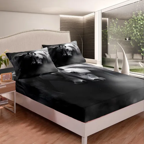 Miniatura 2 de Erosebridal Juego de cama de caballo para niñas, niños y parejas, sábana bajera ajustable de caballos blancos y negros, tamaño individual, diseño