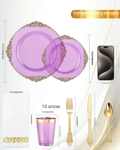 Miniatura 9 de Nervure Juego de 175 platos de plástico morado transparente, juego de platos de fiesta morados para 25 invitados, incluye 25 platos de cena, 25