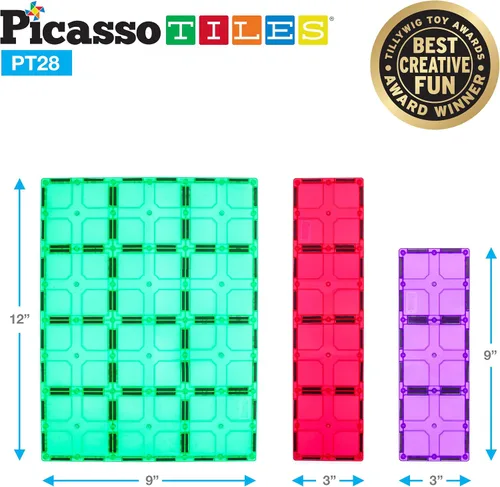 Miniatura 5 de PicassoTiles Juego combinado de 28 azulejos magnéticos + ladrillo magnético y azulejos, 12 x 9 pulgadas, 12 x 3 pulgadas, base grande de 9 x 3