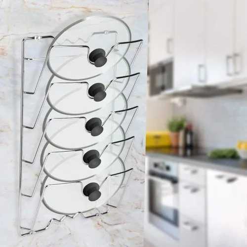 Miniatura 9 de TOPINCN Soporte para tapa de olla, organizador de cocina de hierro, soporte para montaje en la puerta de la pared, estante de almacenamiento