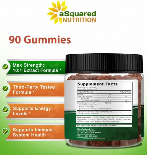 Miniatura 4 de aSquared Nutrition Gomitas de bergamota cítrica – Suplemento de extracto de bergamota cítrica de 500 mg por porción – Alternativa de goma pura a