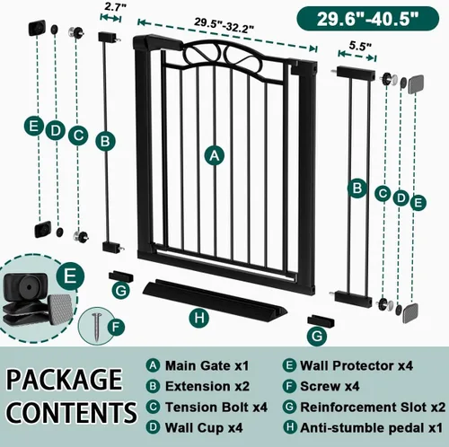 Miniatura 2 de Fairy Baby Puerta de bebé extra ancha de 29.5"-40.5", puertas largas para perros de montaje a presión para escaleras y entradas de casa, puerta