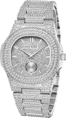 Miniatura 17 de Gosasa Reloj de pulsera unisex de cristal para hombre y mujer, reloj cubano con brillo completo, oblongo de plata/oro, reloj de pulsera de acero