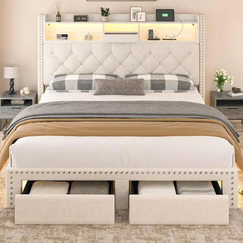 Miniatura 7 de Base de cama de lino tamaño completo con cabecera de almacenamiento de 2 niveles y estación de carga, marcos de cama de plataforma tapizados con 2