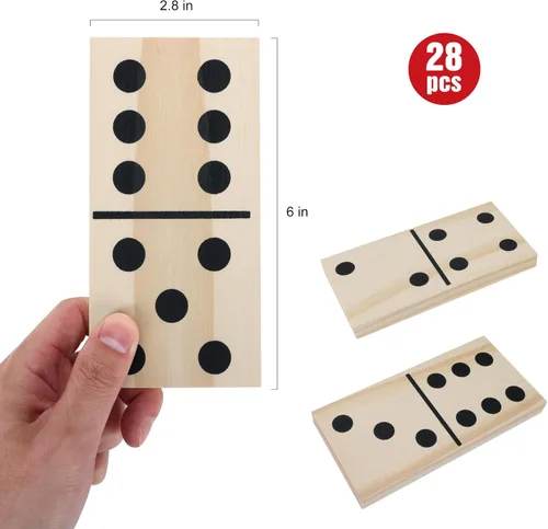 Miniatura 2 de GOTHINK Juego de dominó de madera gigante para adultos y niños, 28 piezas de azulejos de dominó de madera natural jumbo con puntos negros