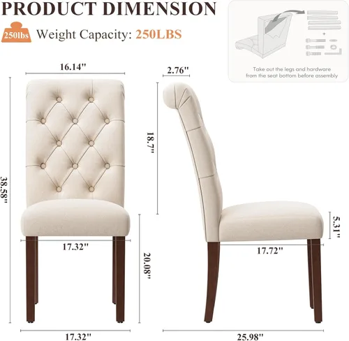 Miniatura 2 de MALOL Parsons - Juego de 2 sillas de comedor tapizadas con asiento acolchado y patas de madera maciza, sillas laterales de comedor con acento