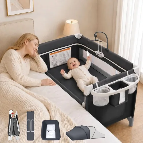 Miniatura 10 de Moisés 5 en 1 para bebé, plegable, para empacar y jugar, cuna de un solo empuje con corralito, incluye colchón, cambiador, mosquitero, juguete
