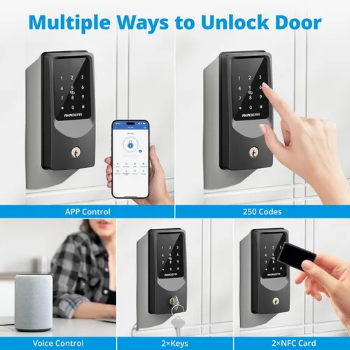 Miniatura 2 de AkaGear Cerradura inteligente WiFi para puerta de entrada sin llave con 8 pilas AA, control remoto de aplicación, cerrojo de teclado táctil