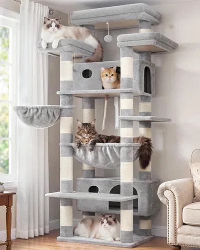 Miniatura 12 de Gitelsnour Árbol para Gatos de Interior Gatos Grandes Adultos, Torre para Gatos de 74" con 3 Plataformas Grandes, 2 Canastas, 2 Condos, Postes Gris