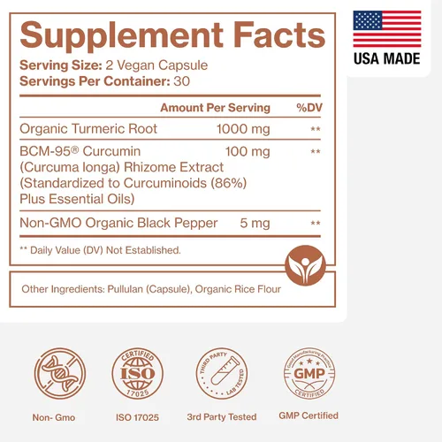 Miniatura 6 de Curcumina de cúrcuma orgánica con pimienta negra y BCM-95 - para el apoyo inflamatorio, salud cerebral e inmune - 60 cápsulas veganas de cúrcuma