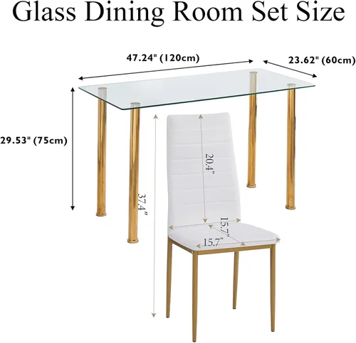 Miniatura 3 de Juego de comedor de cristal de 5 piezas dorado para 4, mesa de cocina rectangular con 4 sillas de piel sintética, juego de mesa de comedor compacto