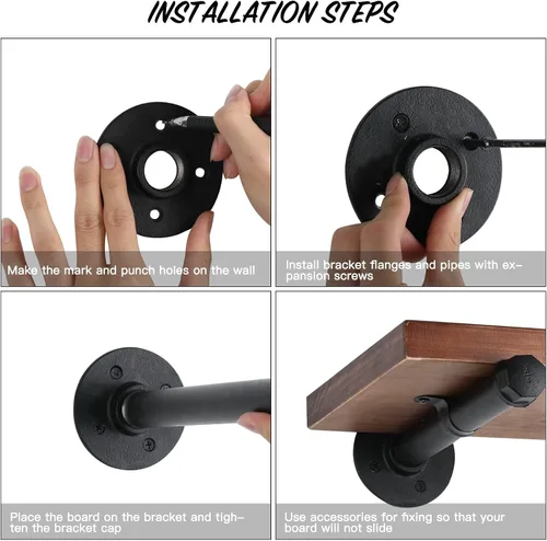 Miniatura 5 de Juego de 8 soportes industriales para estantes de tubería de 12 pulgadas, soportes de estantería de hierro negro rústicos montados en la pared