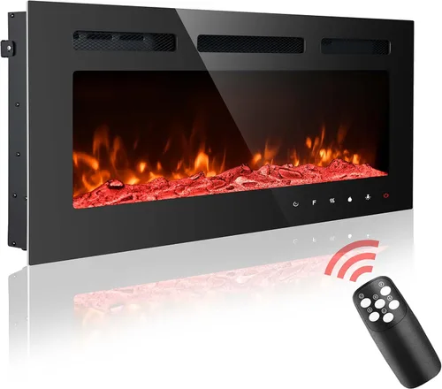 Inserto de chimenea eléctrica de 40 pulgadas, montado en la pared, 12 colores de llama, control remoto, temporizador