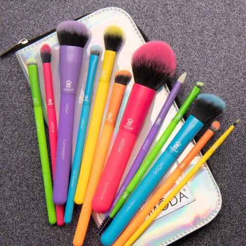 Miniatura 6 de MODA Juego de 13 brochas de maquillaje totalmente eléctricas, pinceles de neón coloridos con estuche de viaje holográfico, kit vegano de cara