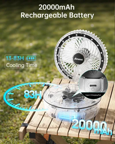 Miniatura 3 de AMACOOL Ventilador de escritorio plegable transparente, [máximo 83 horas de funcionamiento] 20000 mAh Ventilador portátil recargable de 8 pulgadas