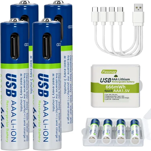 Paquete de 4 baterías de litio AAA recargables USB-C, capacidad real de 666 mWh, voltaje constante de 1.5 V, más de 1200 ciclos, para control
