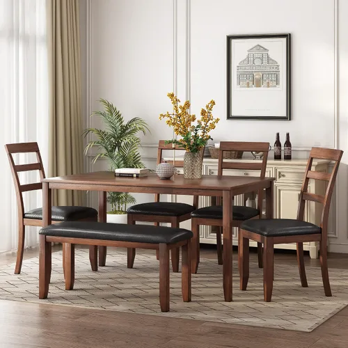 Miniatura 10 de KLMM Elegante y clásico juego de mesa de comedor de madera de 6 piezas con 4 sillas y otomana, adecuado para cocina y comedor